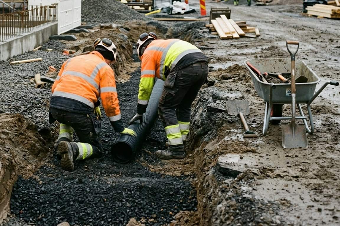 Två personer i varselkläder lägger ett svart dräneringsrör i makadam i ett schakt, med en skottkärra och spadar bredvid.